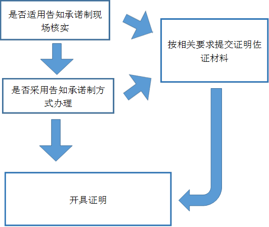 是否適用告知承諾製現場核實,是否采用告知承諾製方式辦理,按相關要求提交證明佐證材料,開具證明